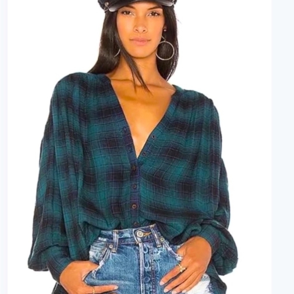 Free People Teal Plaid V-Neck Blouse